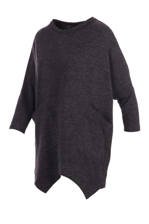 Ciemnoszary asymetryczny sweter z kieszeniami, luźny krój