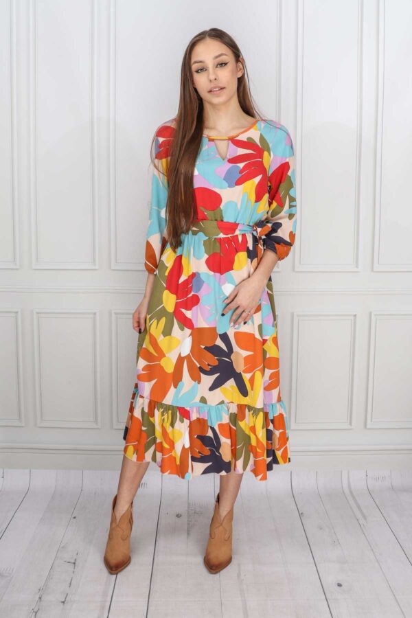 Kolorowa sukienka z falbaną i paskiem, midi z wzorem kwiatowym