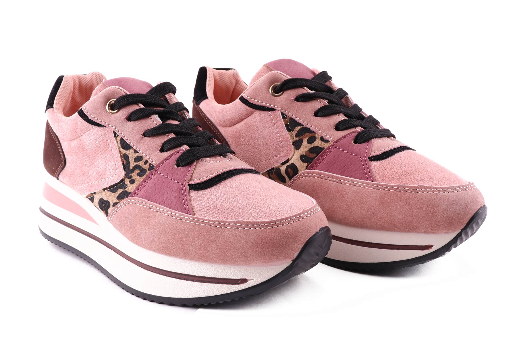 Buty sneakersy na podwyższonej podeszwie, panterka, różowe