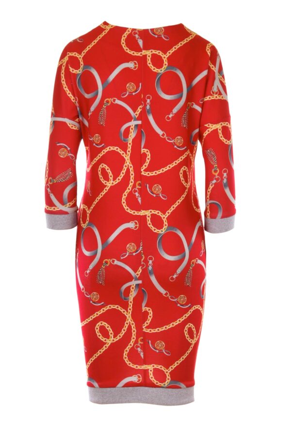 Czerwona lniana dzianinowa sukienka z rękawem dekolt V we wzory
