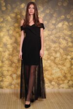 Wieczorowa suknia z tiulem, czarna, plisowana