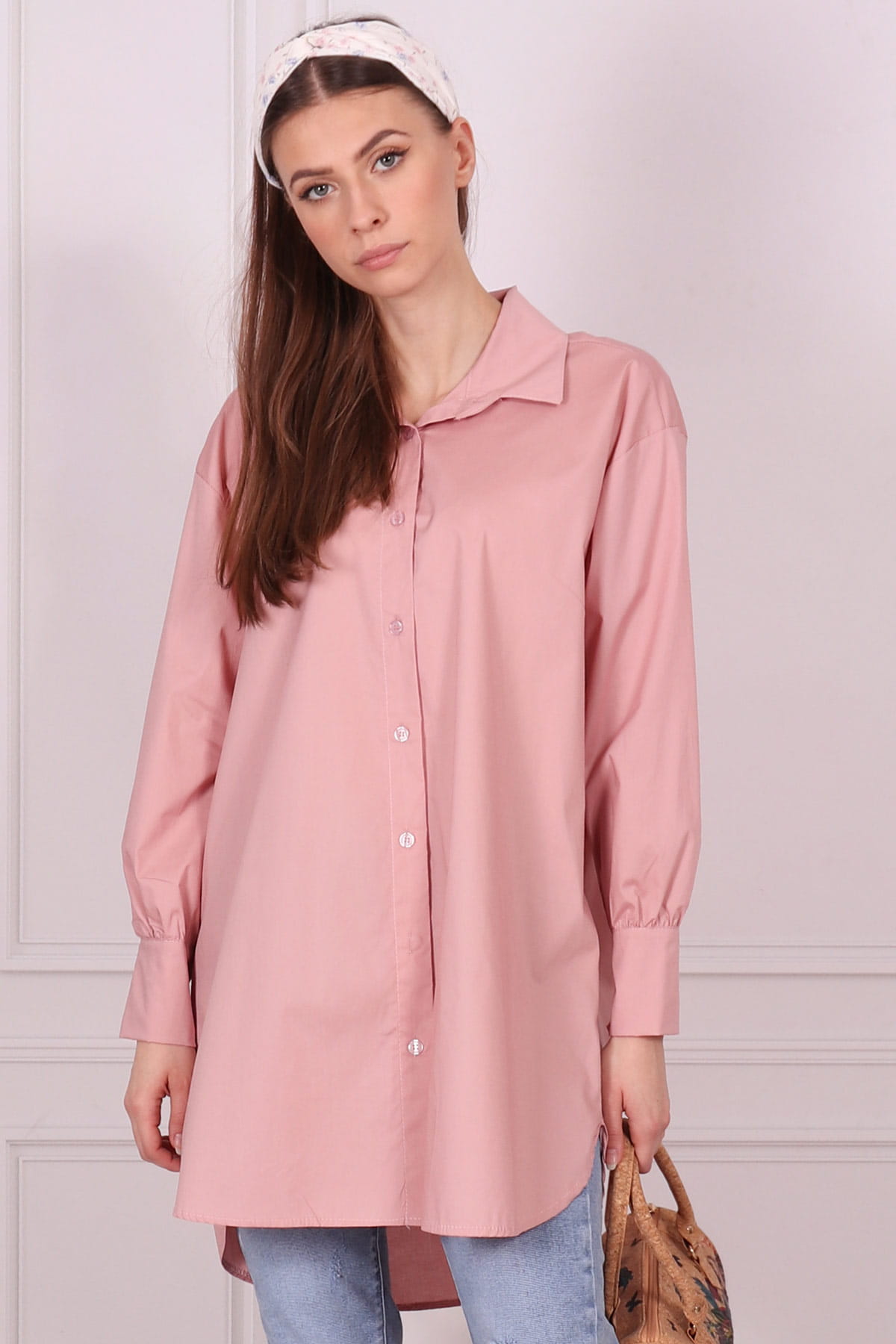 Różowa koszula długa na guziki tunika
