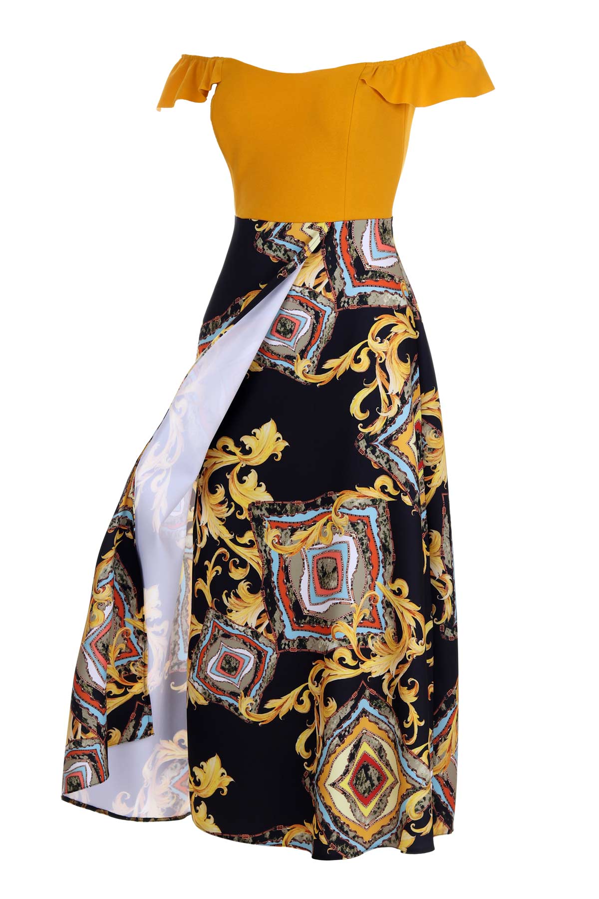 Żółta sukienka hiszpanka z falbanami we wzory