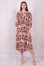 Sukienka midi z paskiem, geometryczne wzory, Sandra II