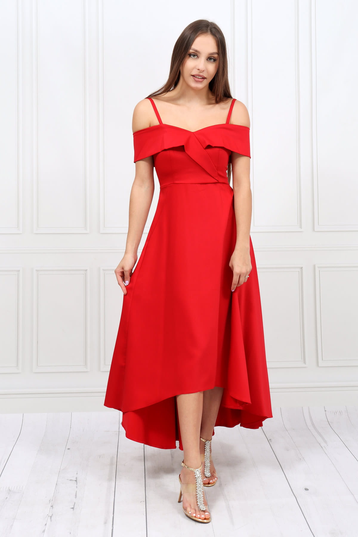 Asymetryczna sukienka na ramiączkach, balowa, czerwona