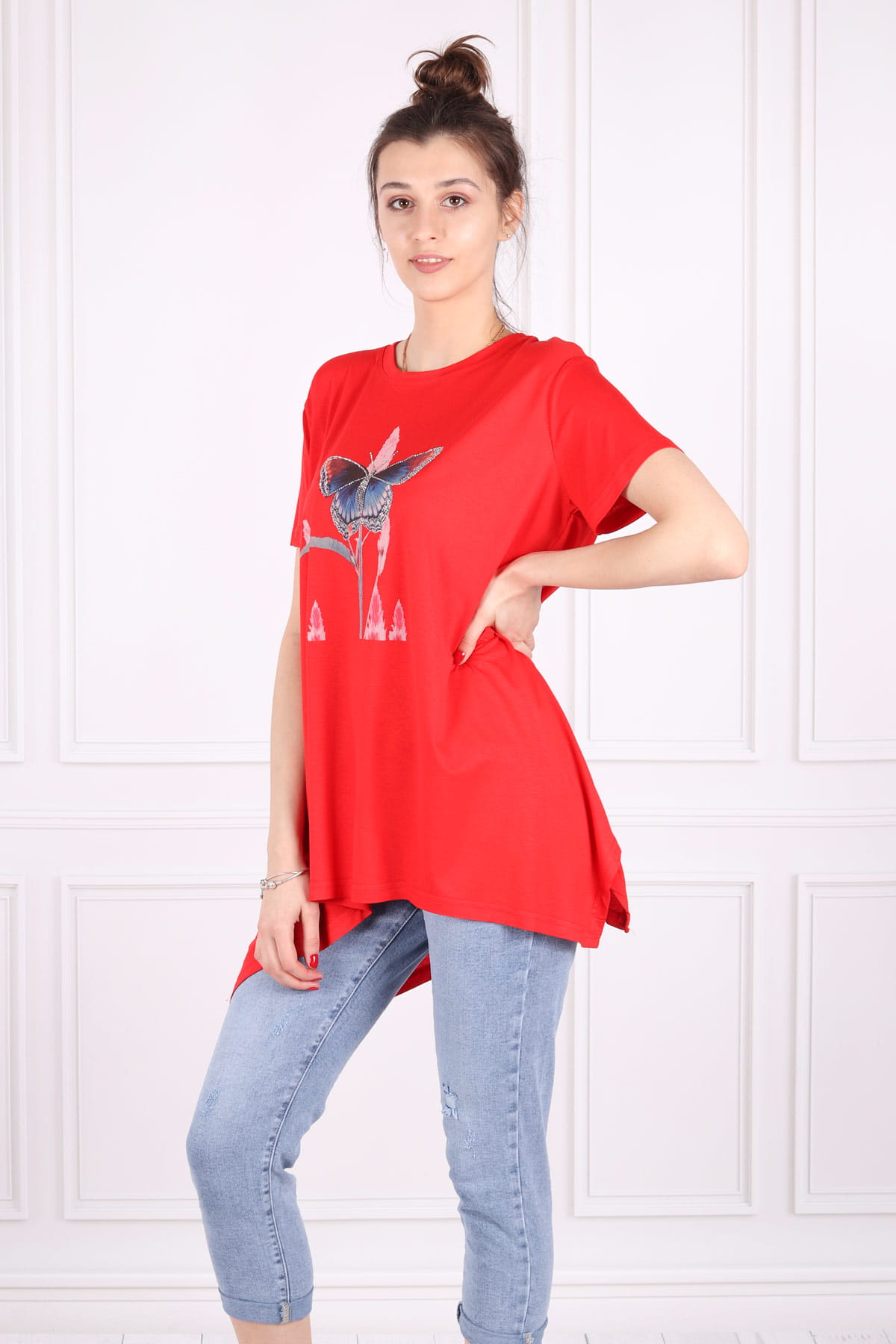 Bluzka, tunika, t-shirt z nadrukiem, asymetryczny, duże rozmiary, plus size, czerwony